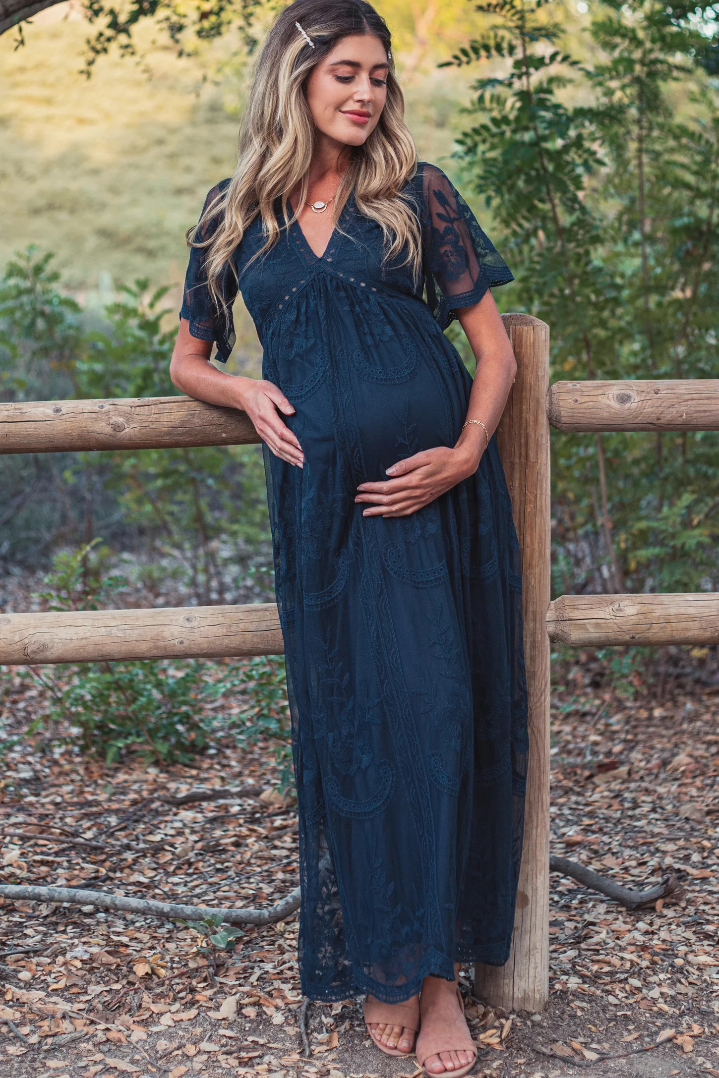 PinkBlush Navy Blue Lace Mesh Overlay Maternity Maxi Dress | PinkBlush Maternity