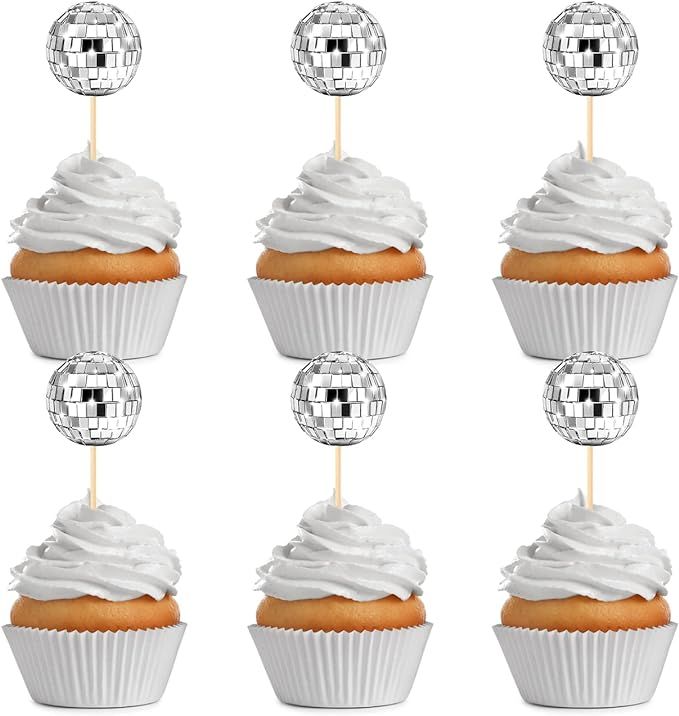 24 Pcs Disco Ball Cupcake Toppers, Disco Ball Cupcake Picks, Disco Ball Cake Toppers Disco Theme ... | Amazon (US)