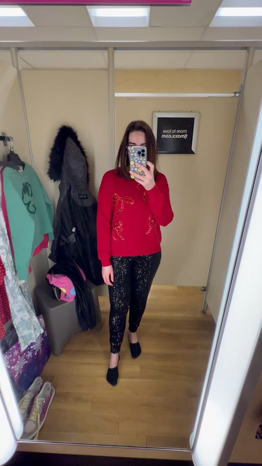 Red sequin bows sweatshirt (xs). Black sequin joggers (small). #sweatshirt #heartsweatshirt #pinksweatshirt #doubleheartsweatshirt #leggings #blackleggings #fauxleatherleggings #valentinesdayoutfit #datenightoutfit 
date night outfits 
valentines day outfit women @tjmaxx 

#LTKSeasonal #LTKValentine