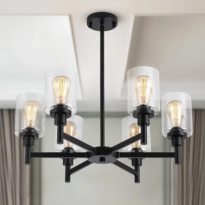 LIGHTDAMY Farmhouse Chandelier with Cylinder Clear Glass 6 Light Vintage Black Bedroom Kitchen Is... | Amazon (US)