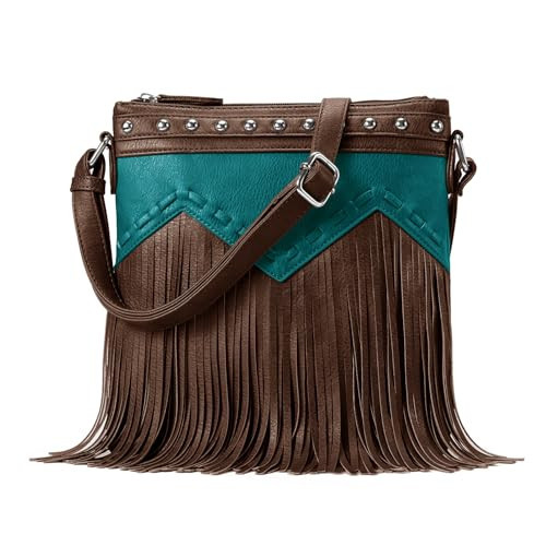 Sunwel Fashion Fringe Crossbody Bag with Rivets Western Purse Vegan Leather Tassel Shoulder Crossbody Bag for Women (coffee/blue) | Amazon (US)