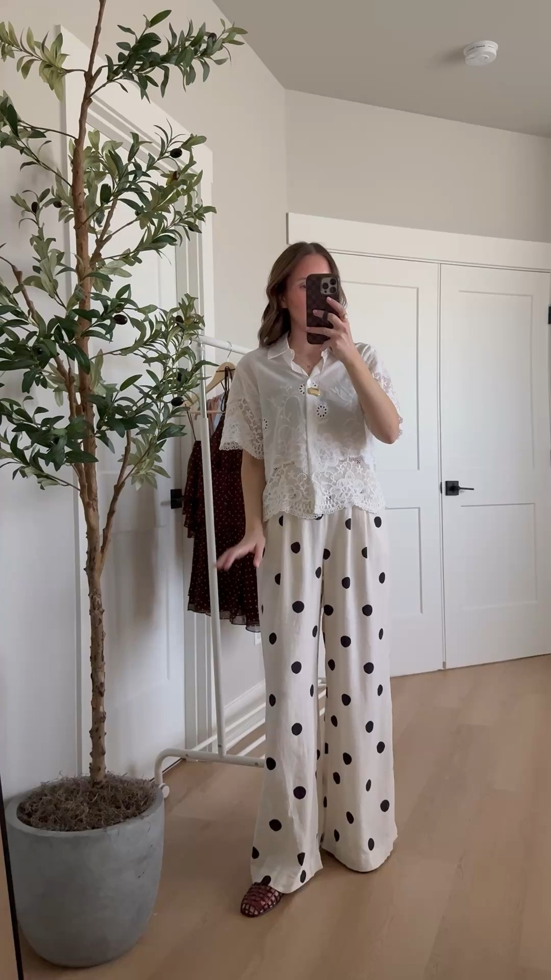 Classroom outfit idea 🍎 the prettiest short sleeve button down top and polka dot pull on pants. 

Teacher style, classroom outfit, teacher outfit idea, target style 