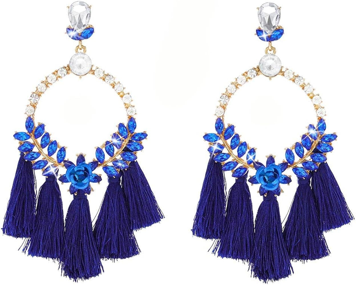 Boho Tassel Drop Earrings Blue Crystal Bing Ring Flowers Dangle Earring Shining Rhinestones Long ... | Amazon (US)