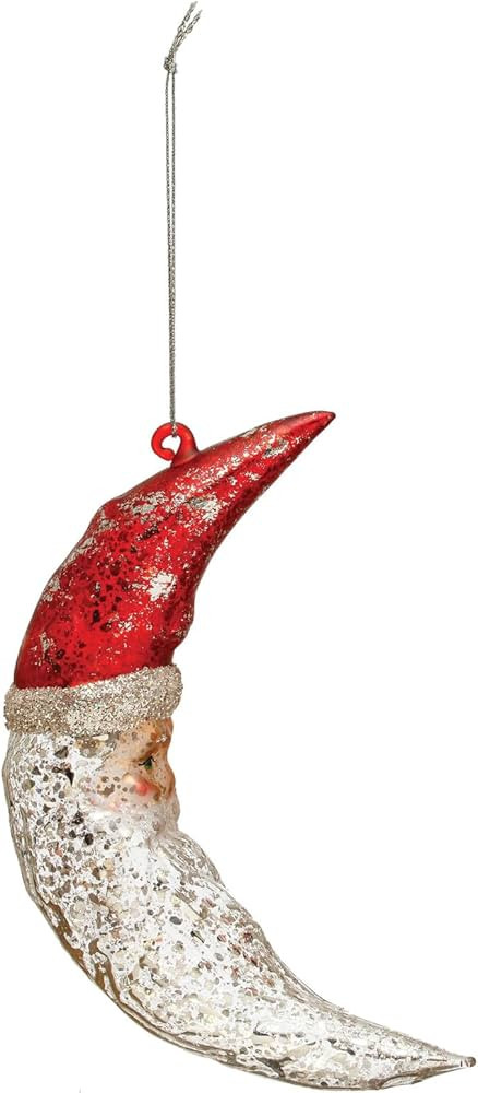 Creative Co-Op Hand-Painted Mercury Glass Santa Moon Ornament with Glitter, Red and Silver Finish | Amazon (US)
