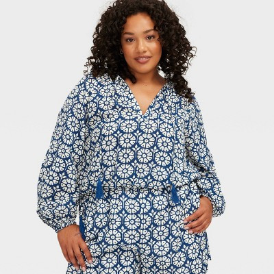 Women's Daisy Floral Long Sleeve Tie-Neck Boho Top Navy Blue - Roller Rabbit x Target XS | Target