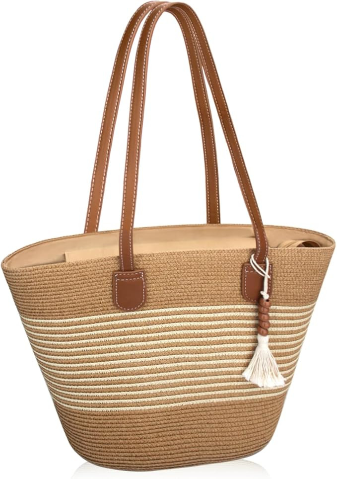 Straw Beach Tote Bag for Women, Large Woven Purse with Zipper for Summer Travel, Beach Vacation S... | Amazon (US)