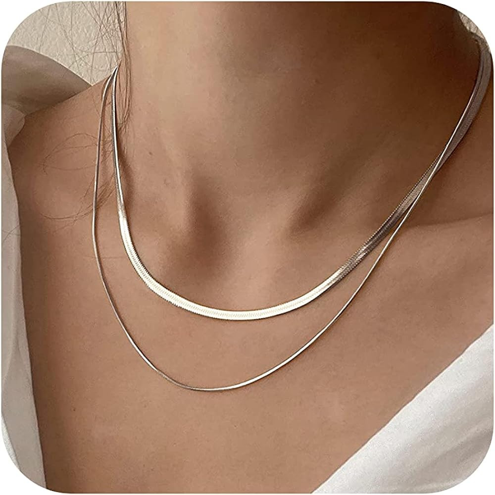 Tewiky Herringbone Necklace for Women Dainty 14k Gold Snake Chain Necklace Layered Gold Herringbo... | Amazon (US)