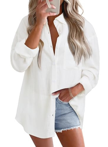 Astylish Women's Linen Button Down Shirts Loose Fit Tops White, M | Amazon (US)