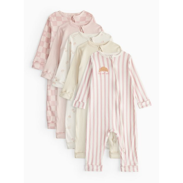Pink Croissant Zip Sleepsuit 5 Pack 3-6 months | Tu Clothing
