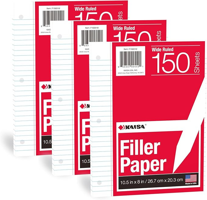 KAISA Filler Paper Loose Leaf Paper, Wide Ruled Paper, 8"x10-1/2", 3-Hole Punched Binder Paper Fo... | Amazon (US)