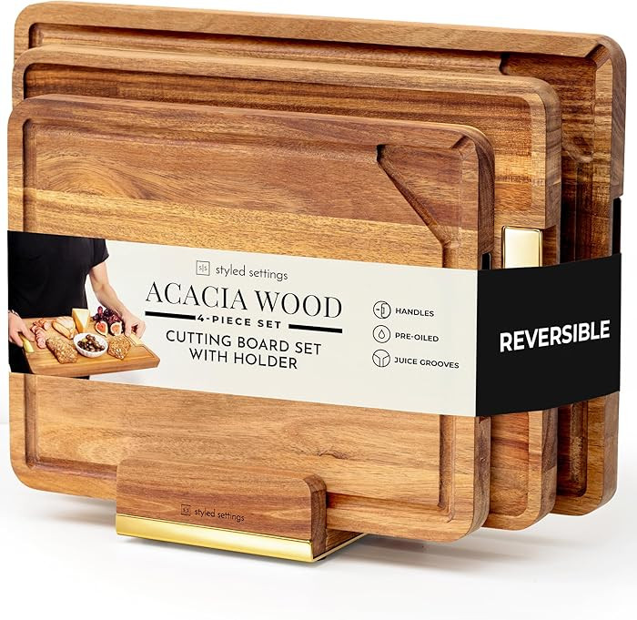 Acacia Wood Cutting Board Set with Holder \u2013 4 Piece Wooden Cutting Board Set with Stand \u20... | Amazon (US)