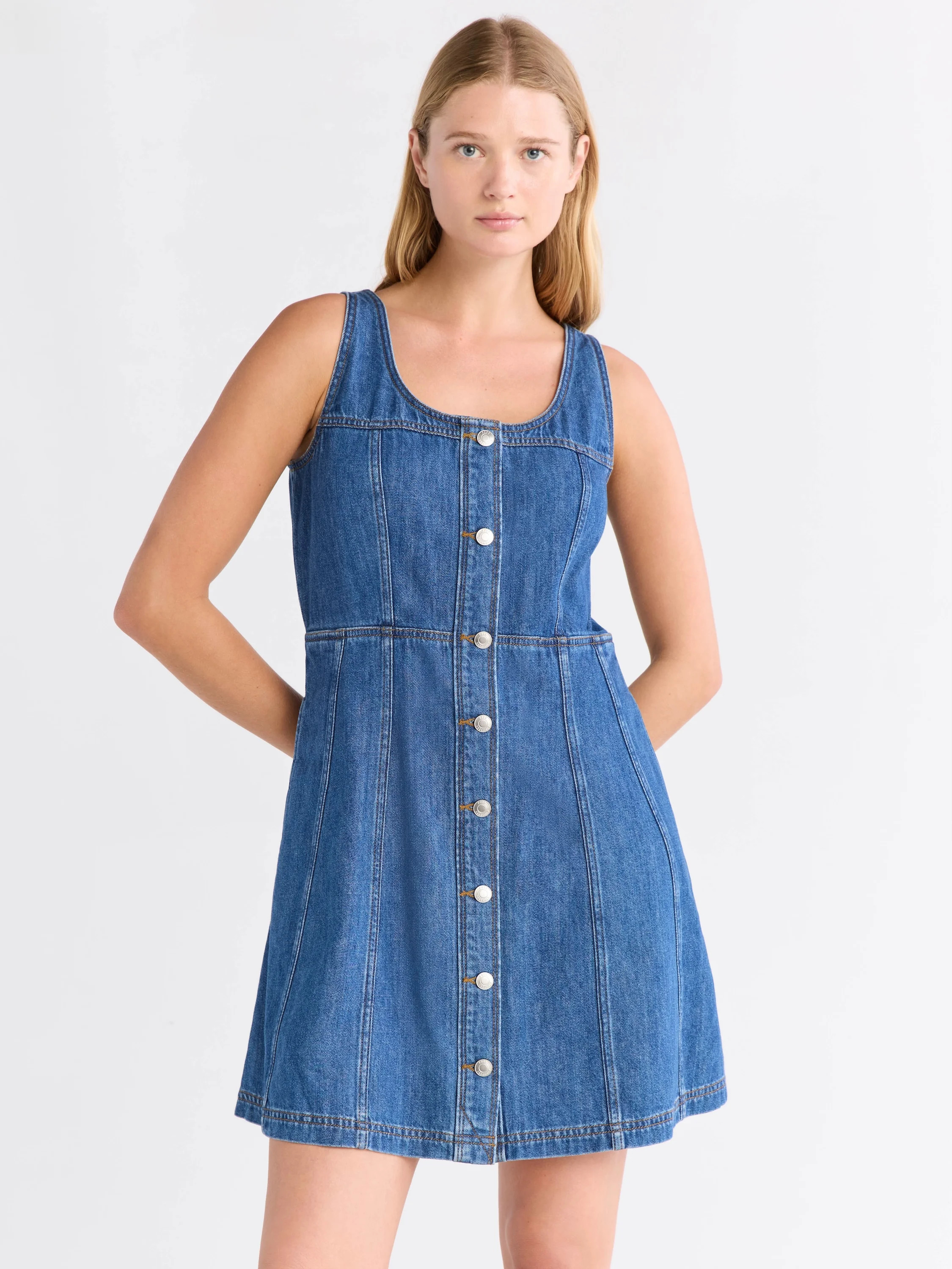 Free Assembly Women's Sleeveless Paneled Chambray Mini Dress, Sizes XS-XXL | Walmart (US)