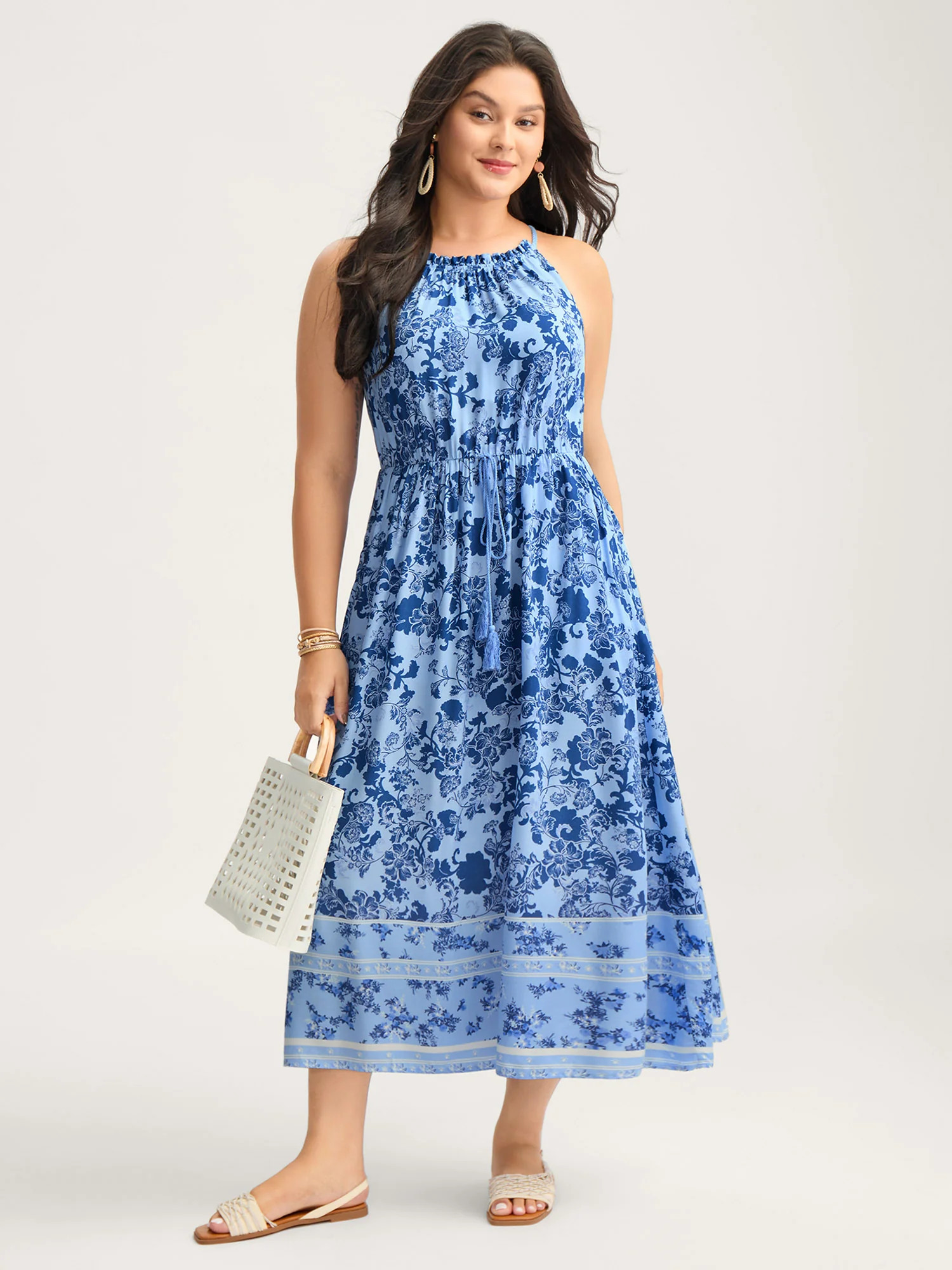 Rayon Braided Shoulder Straps Floral Midi Dress | Bloomchic