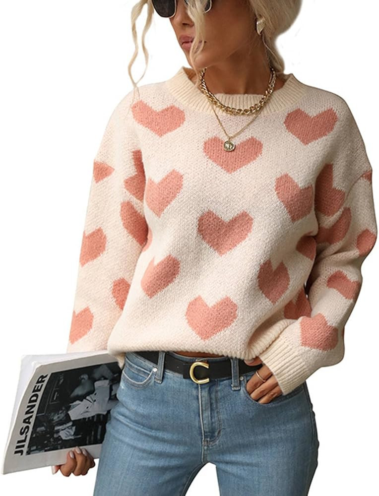 GOTOTOP Women Heart Print Pullover Sweater Crewneck Long Sleeve Sweatshirts Jumper Soft Casual Kn... | Amazon (CA)