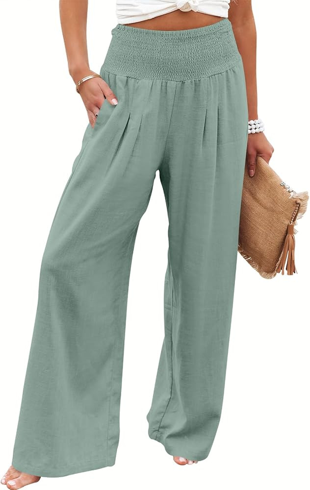 ANRABESS Women Linen Palazzo Pants Summer Boho Wide Leg High Waist Casual Lounge Pant 2024 Beach ... | Amazon (US)