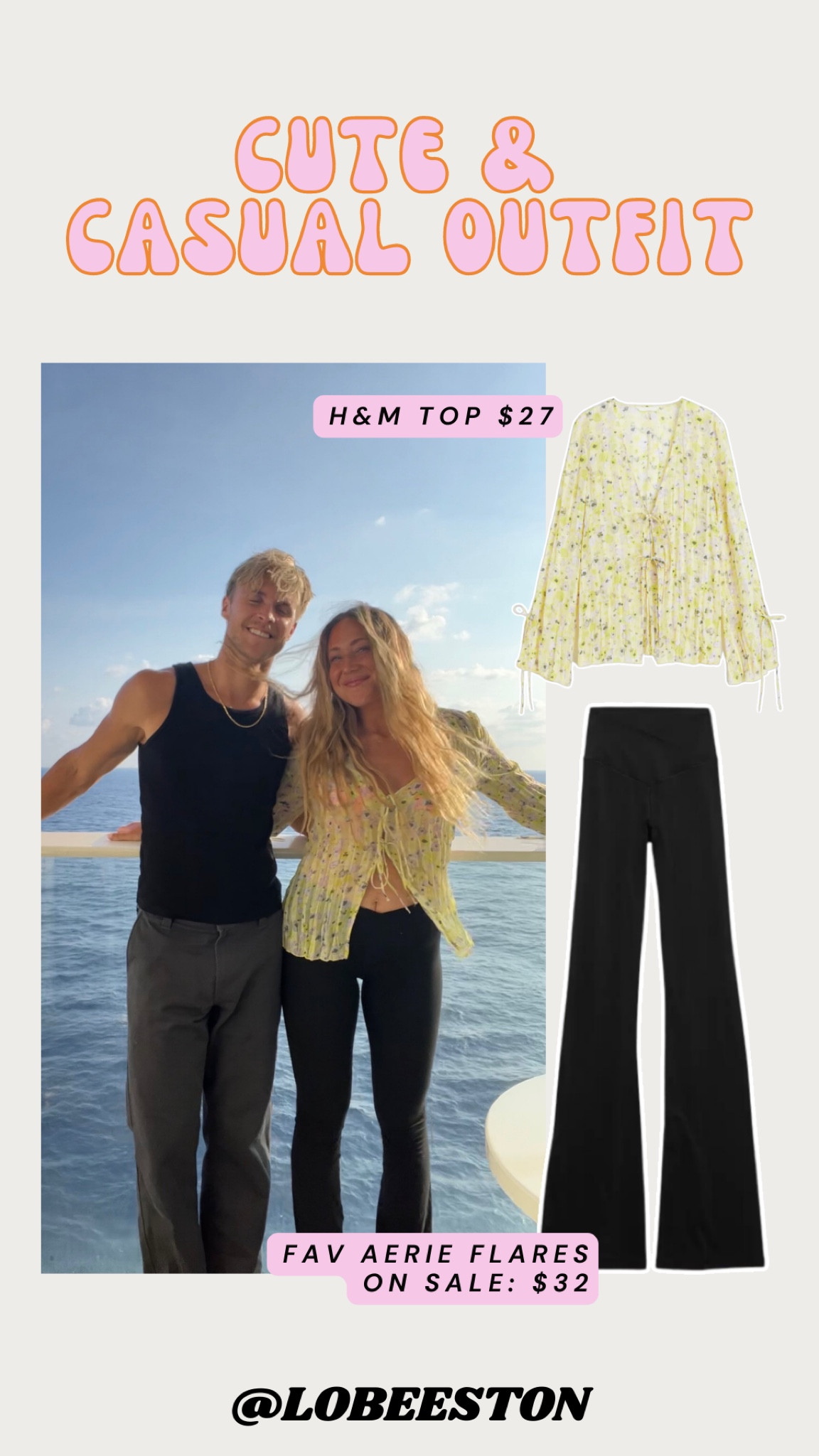 Cute & Casual outfit!!! H&M top & Aerie flare leggings! 