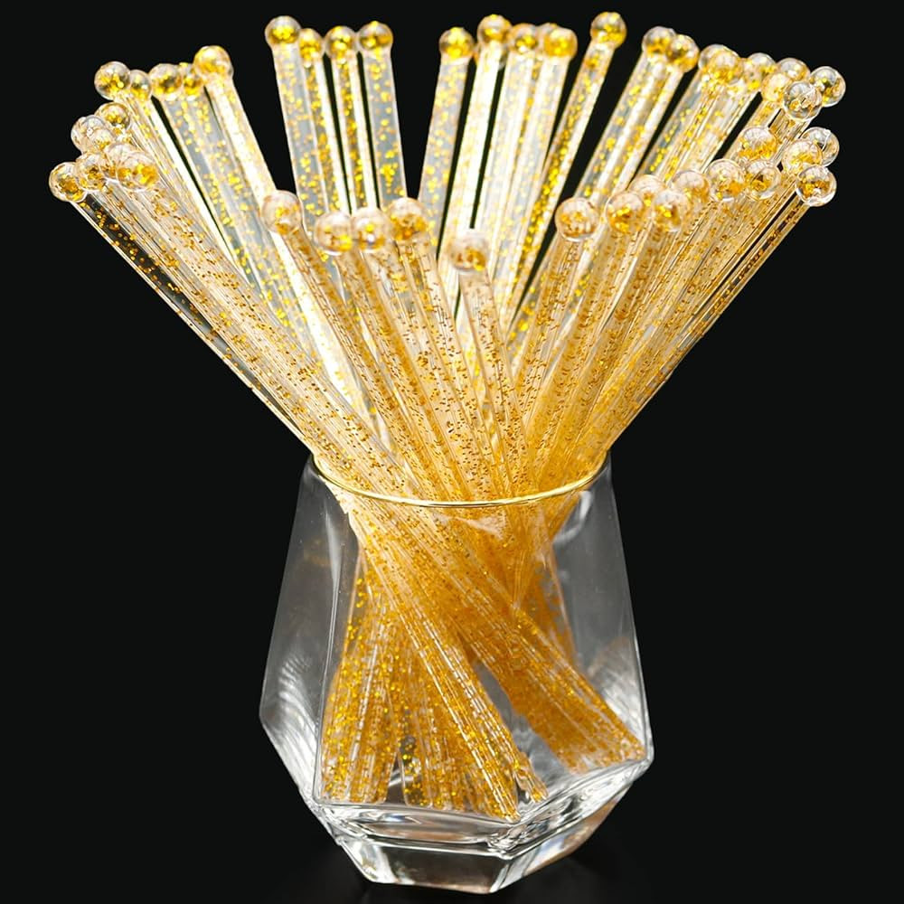 hapray 50-PCS Gold Glitter Plastic Swizzle Sticks, Crystal Cake Pops, Cocktail Coffee Drink Stirr... | Amazon (US)
