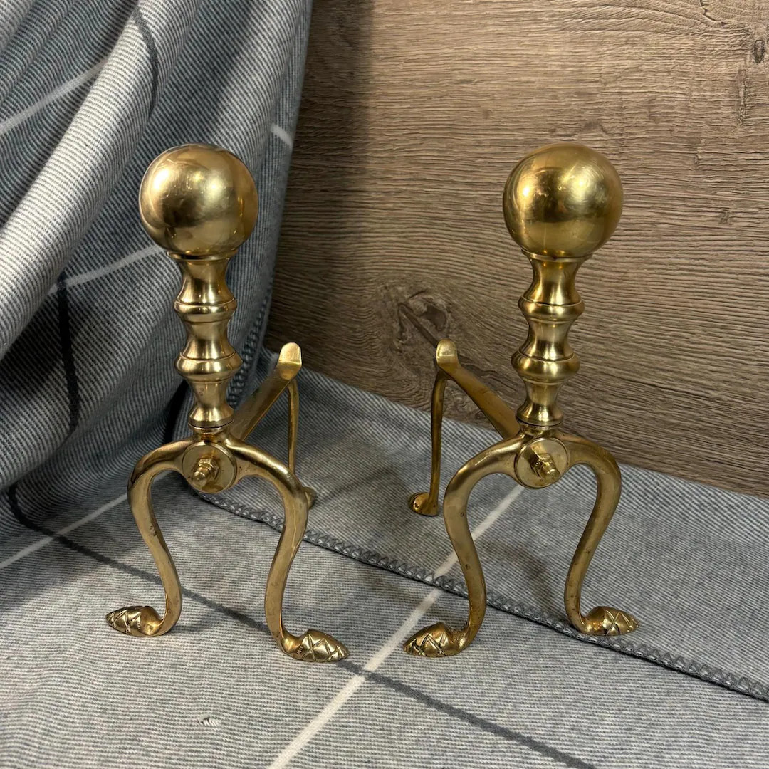 Vintage Round Ball Finial Brass Fire Dogs Pair of Gold Tone Andirons Traditional Fireplace Access... | Etsy (US)