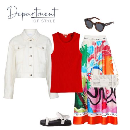 A white denim jacket is a great addition to a summer outfit when the sun goes down.

This gorgeous statement skirt could be worn with a white tank or any colour from the pattern.

Have fun choosing your favourite coloured top to pair with the skirt! 
