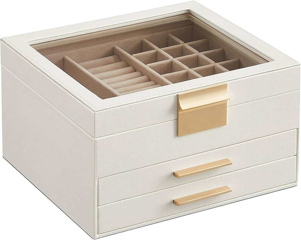 SONGMICS Schmuckkästchen, Schmuckkasten mit 3 Ebenen, Schmuckbox mit Glasdeckel, 2 Schubladen, S... | Amazon (DE)