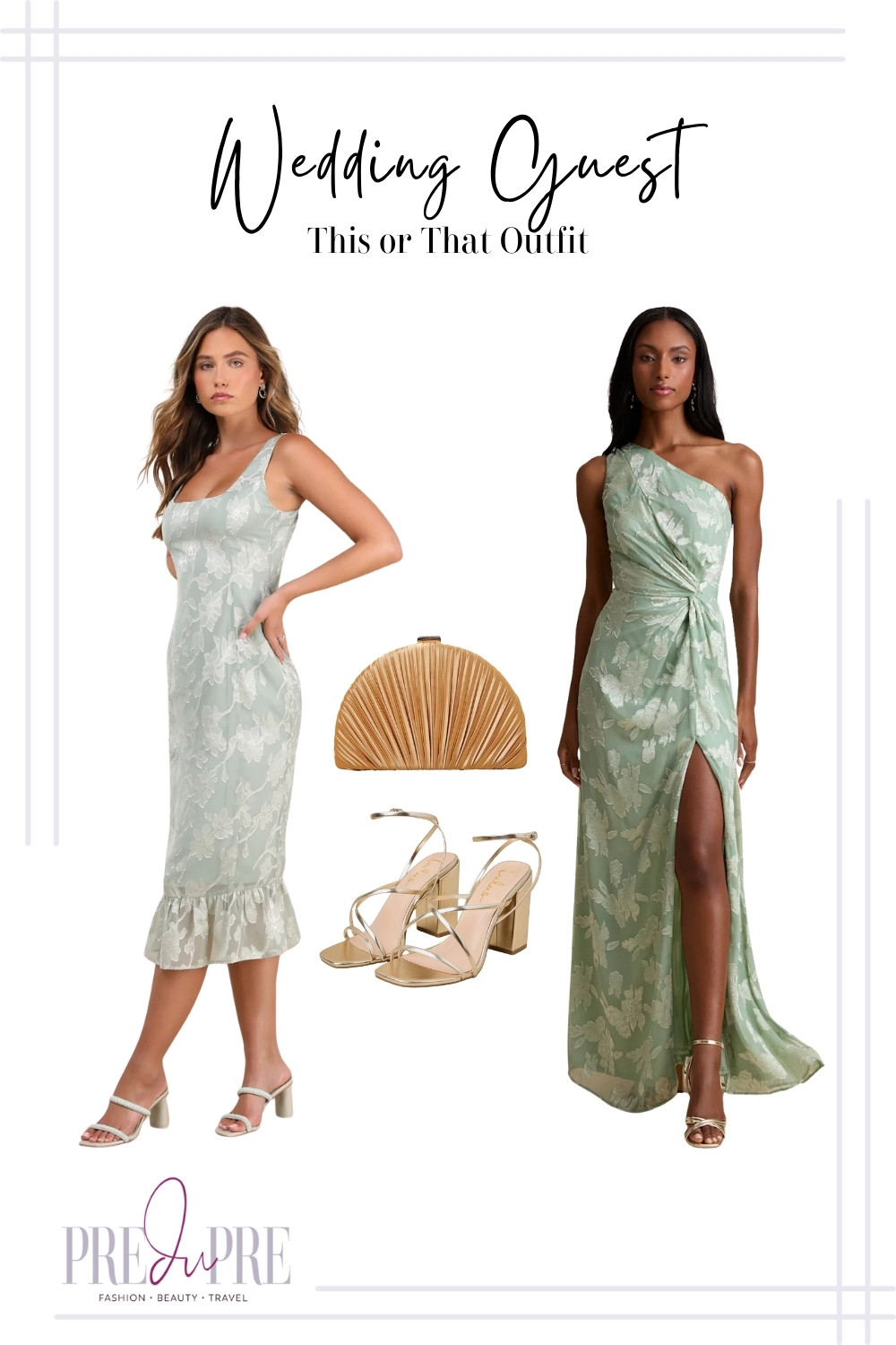Attending a wedding soon? I've got two stunning wedding guest outfit options for you, perfect for making a "This or That" decision! Both dresses feature beautiful sage green prints and elegant silhouettes, paired with versatile gold accessories like a pleated clutch and strappy heels. Whether you prefer a midi or a maxi, these looks are chic and sophisticated. Shop both options on my LTK page! #weddingguest #weddingguestdress #thisorthat #dresses #fashion #style #weddingseason #outfitinspo #predupre #amazonfashion 

 #LTKParties #LTKFindsUnder100 #LTKWedding