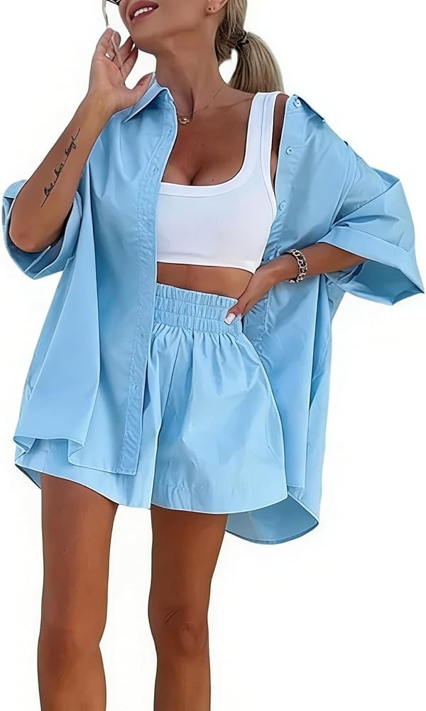 Conjunto de dos piezas de verano para mujer, manga media, hombros caídos, botones frontales, blu... | Amazon (US)