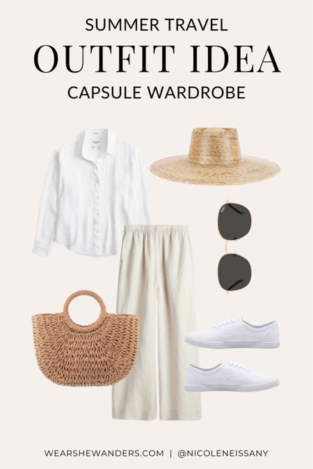 Summer travel capsule wardrobe outfit

// summer travel capsule outfit, vacation outfit, resort wear, travel outfit, summer outfit, spring outfit, casual outfit, beach outfit, pool outfit, resort outfit, casual outfit, linen pants, linen wide leg pants, beach pants, gauzy cotton button up shirt, gauzy cotton button down shirt, swim coverup, swim cover up, swimsuit coverup, swimsuit cover up, round sunglasses, canvas sneakers, white sneakers, straw boater hat, straw hat, beach hat, woven tote bag, woven beach bag, Amazon fashion, Abercrombie, Petal and Pup, HM, Revolve, Lulus, Wear She Wanders, wearshewanders.com, Nicole Neissany (4.11)

#LTKtravel #LTKfindsunder100 #LTKfindsunder50 #LTKshoecrush #LTKSeasonal #LTKstyletip #LTKsalealert #LTKitbag