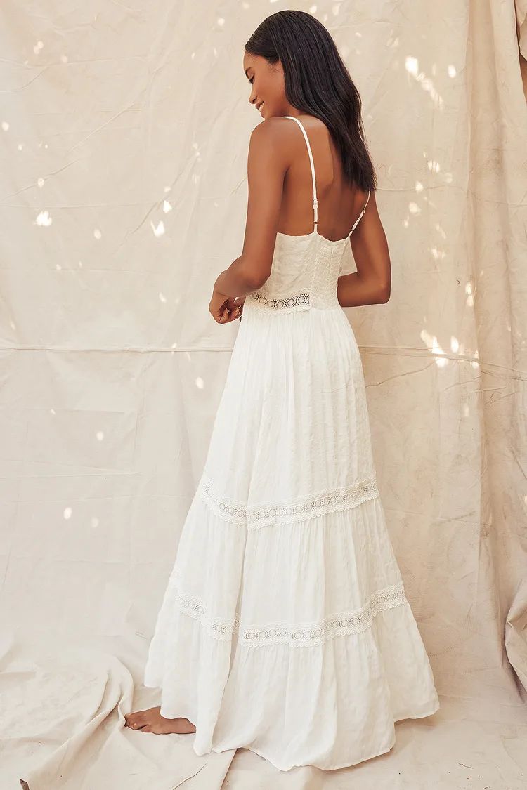 Light Breeze White Striped Crochet Lace Tiered Maxi Dress | Lulus (US)