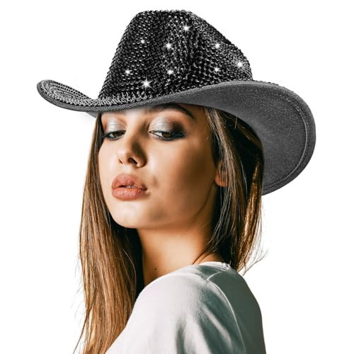 Hercicy Rhinestone Cowboy Hat with Diamond Fringe Bling Cowgirl Hat With Western Wide for Cosplay Wedding Music Festival(Black,Vivid) | Amazon (US)