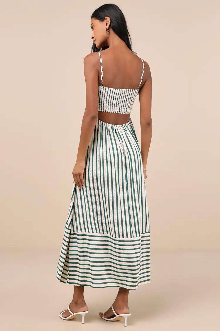 Exceptionally Pristine Green and Cream Striped Cutout Midi Dress | Lulus