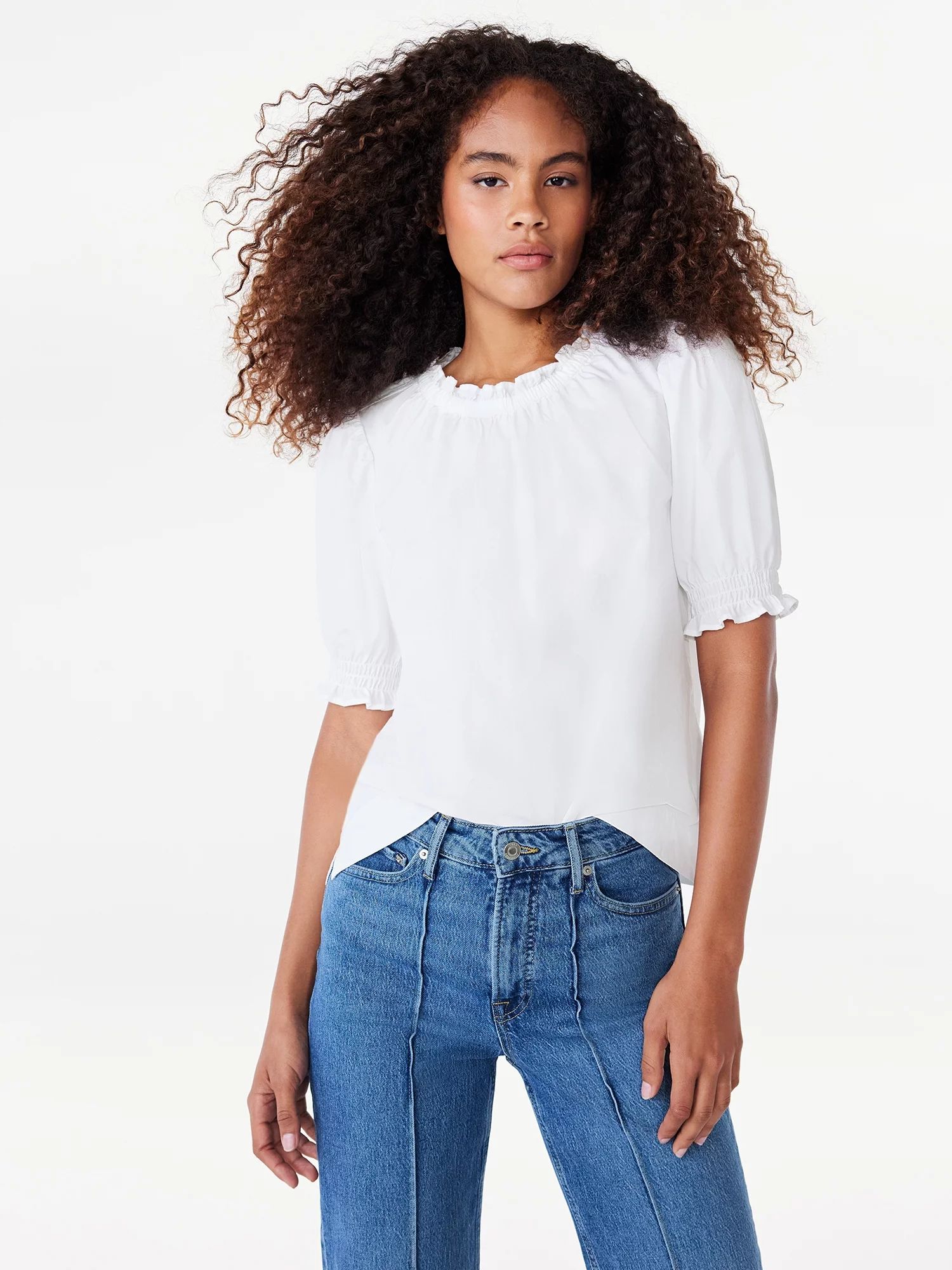 Free Assembly Women's Ruffle Neck Top with Short Puff Sleeves, Size XS-XXL | Walmart (US)
