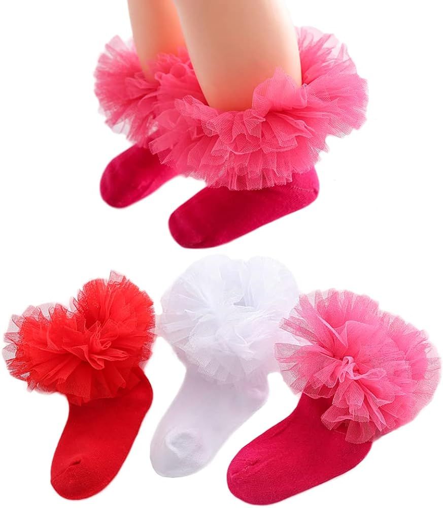 Yenzat Little Girls Ruffle Tutu Socks Toddler Frilly Lace Dress Socks 2-8 Years 3 Pairs | Amazon (US)