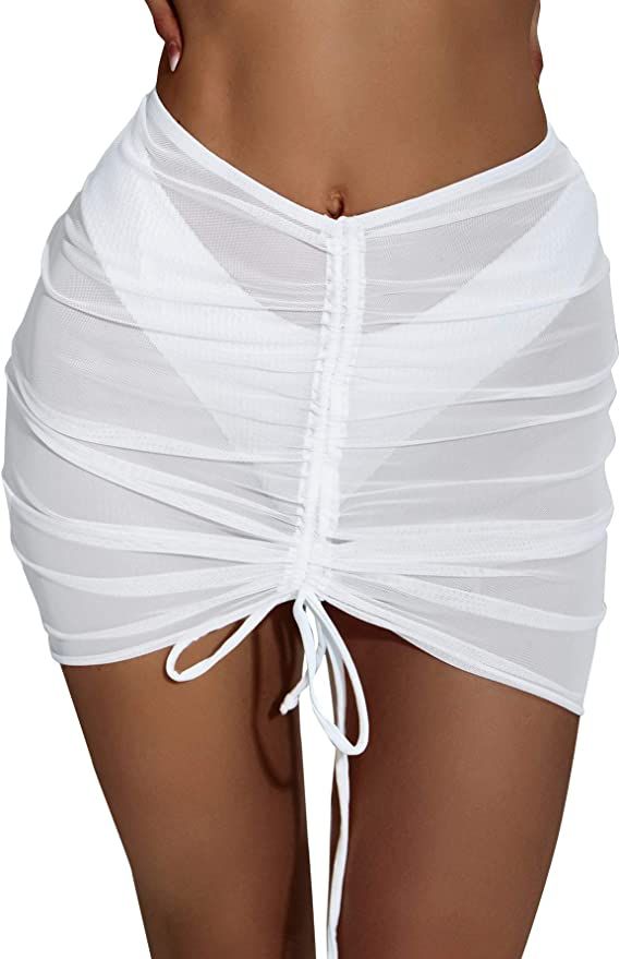 SheIn Women's Drawstring Ruched Short Bodycon Beach Skirt Mesh Swimsuit Cover Up | Amazon (US)