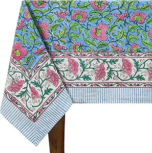 72x72 Inches Square Hand Block Printed Cotton Tablecloth, Blue Pink Floral Table Cloths Washable,... | Amazon (US)