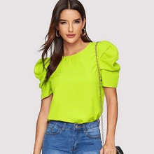 Neon Lime Gathered Sleeve Keyhole Back Blouse | SHEIN