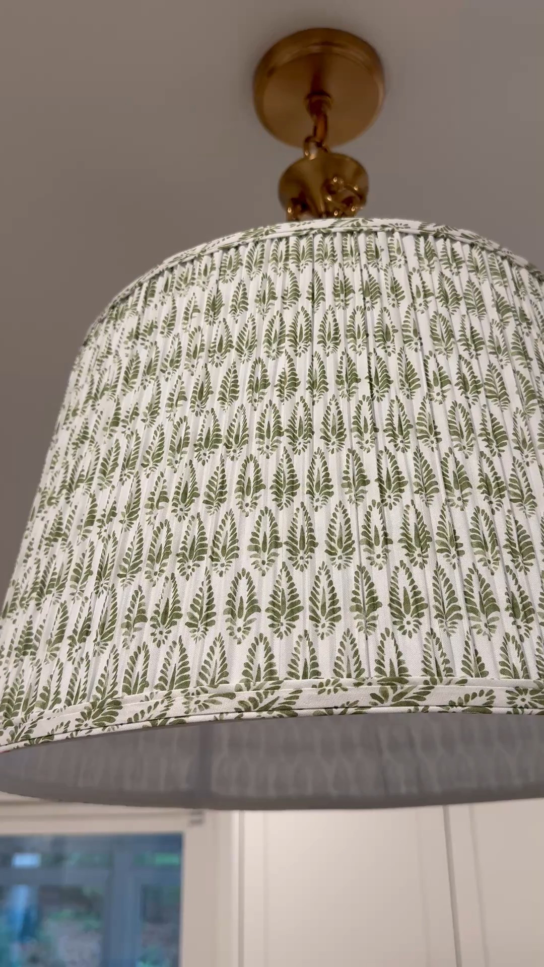 Green lamp shade. Green interiors. Ballard lamp shade. Ballard designs. Nancy Meyers aesthetic. Kitchen pendant  