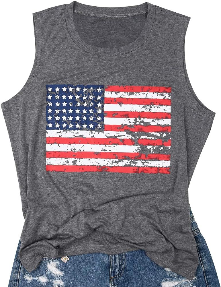 FAYALEQ American Flag Print Tank Tops Women USA Stars Stripes Patriotic T Shirt Summer Loose Vest Te | Amazon (US)