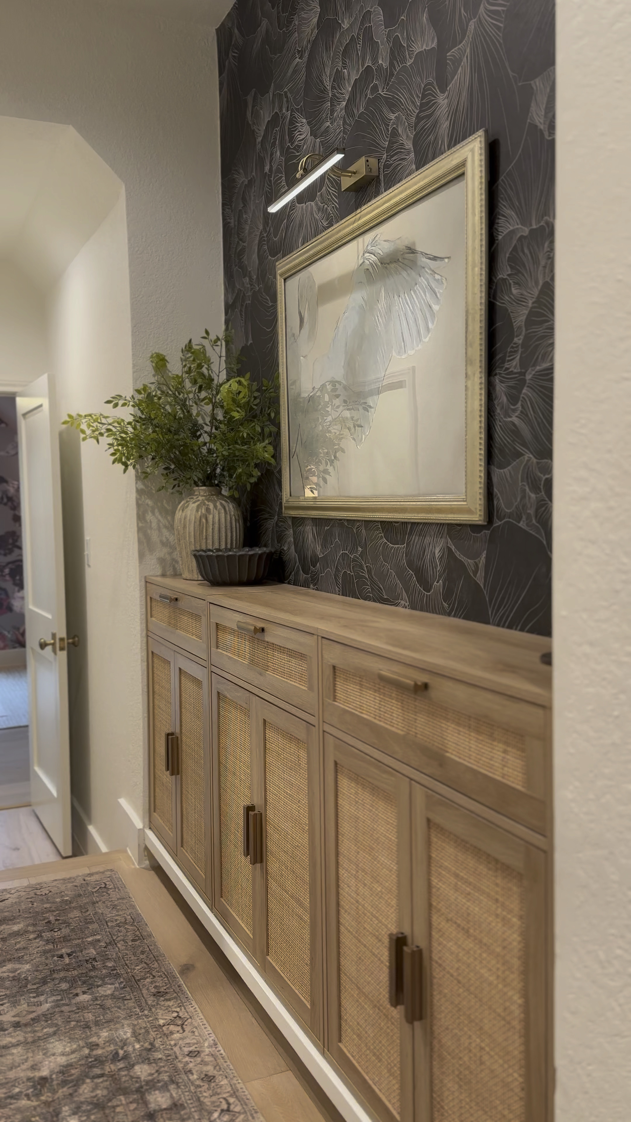 Hallway decor and wallpaper! These are actually 3 cabinets from Amazon! And the artwork is a printable in a vintage frame with an Amazon wireless picture light!

#LTKFindsUnder50 #LTKHome #LTKStyleTip