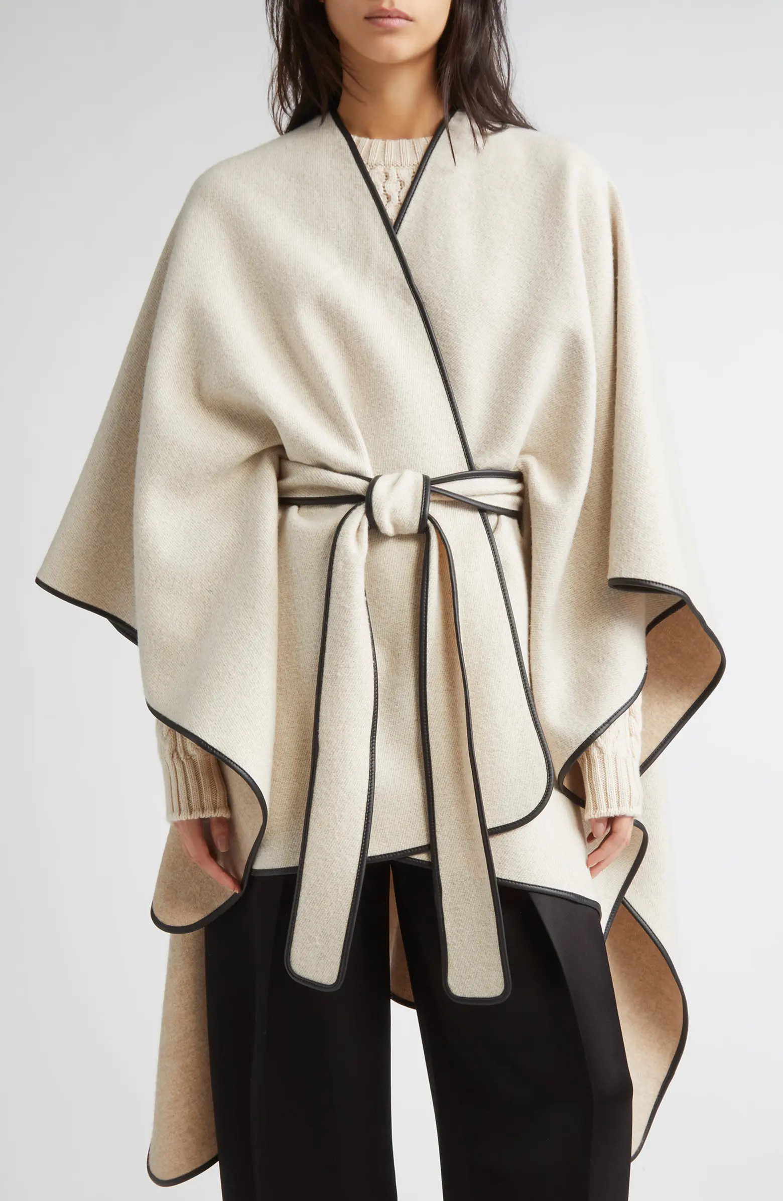 Leather Piped Wool & Cashmere Belted Cape | Nordstrom