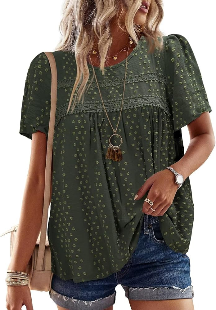 Womens Summer Tops Crewneck Short Sleeve Shirts Casual Chiffon Blouses Flowy Lace Hem Boho Clothi... | Amazon (US)