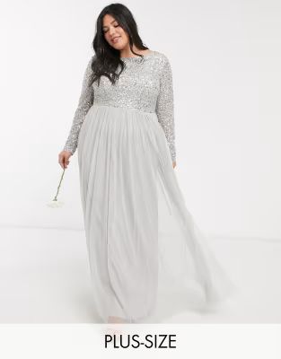 Maya Plus Bridesmaid long sleeve v back maxi tulle dress with tonal delicate sequin overlay in si... | ASOS (Global)