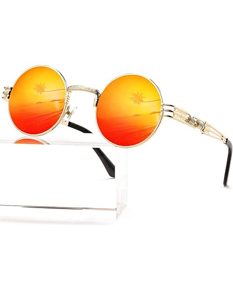 Gleyemor Polarized Round Sunglasses for Men Women Hippie Small Circle Glasses Red Yellow Lenses | Amazon (US)