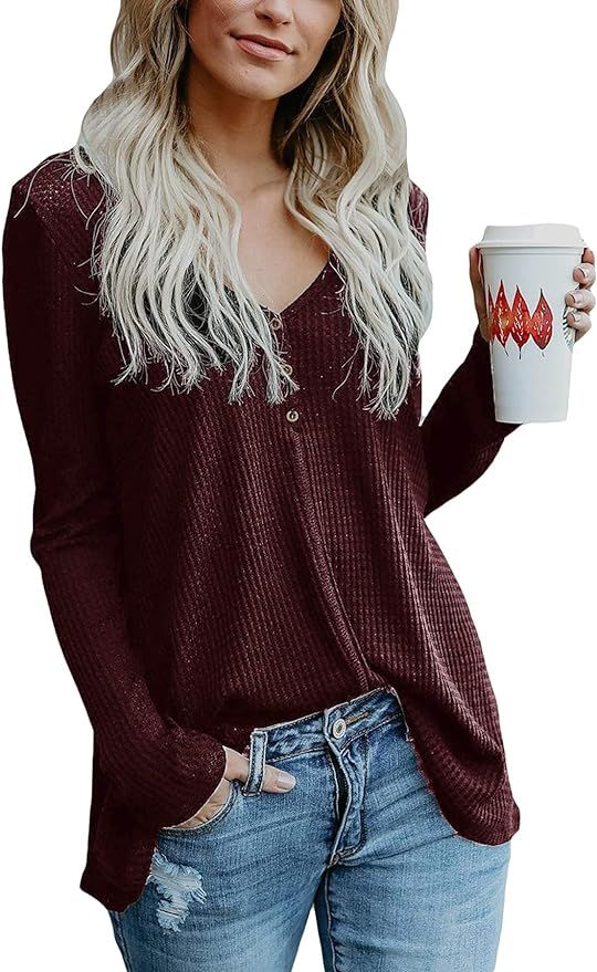 Yidarton Womens Waffle Knit Tunic Blouse Henley Tops Loose Fitting Plain Shirts | Amazon (US)