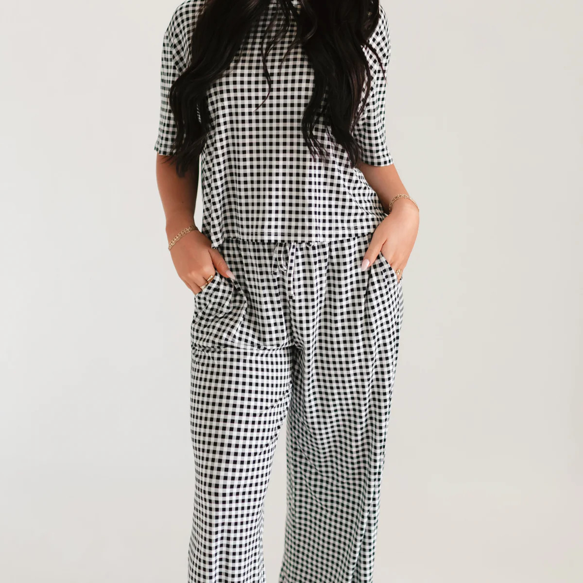 Women's T-Shirt and Pants Set in Black Gingham | Silks Design