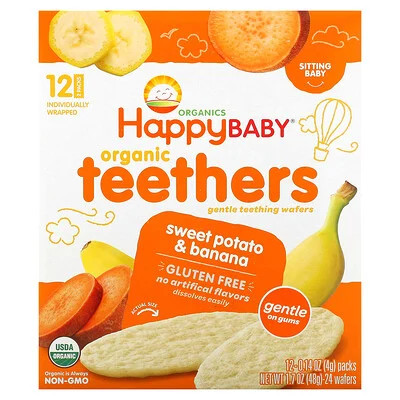 Happy Family Organics, Happy Baby, Organic Teethers, Gentle Teething Wafers, Sweet Potato & Banana, 12 Packs, 0.14 oz (4 g) Each | iHerb
