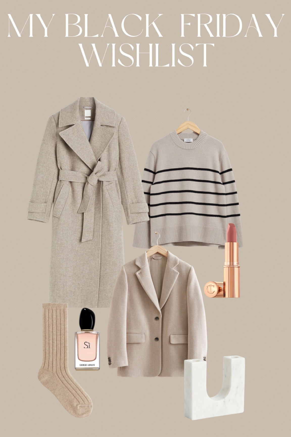 My Black Friday wishlist 🫶🏼🥰 
Striped wool knitwear, wool beige blazer, beige long wool coat, charlotte tilbury pillow talk lipstick, cashmere socks, Sì parfume 

#LTKCyberWeek #LTKHolidaySale #LTKGiftGuide