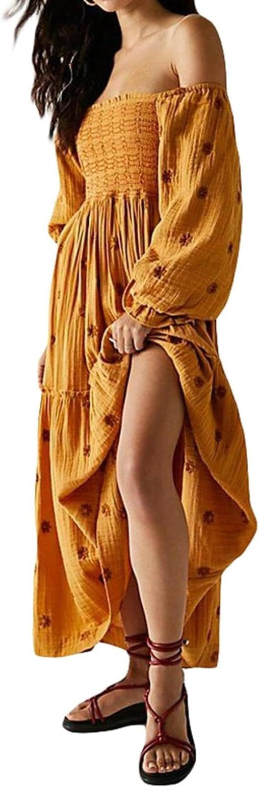 Women Floral Embroidered Maxi Dress Long Puff Sleeve Square Neck Bohemian Flowy Dress with Pocket... | Amazon (US)