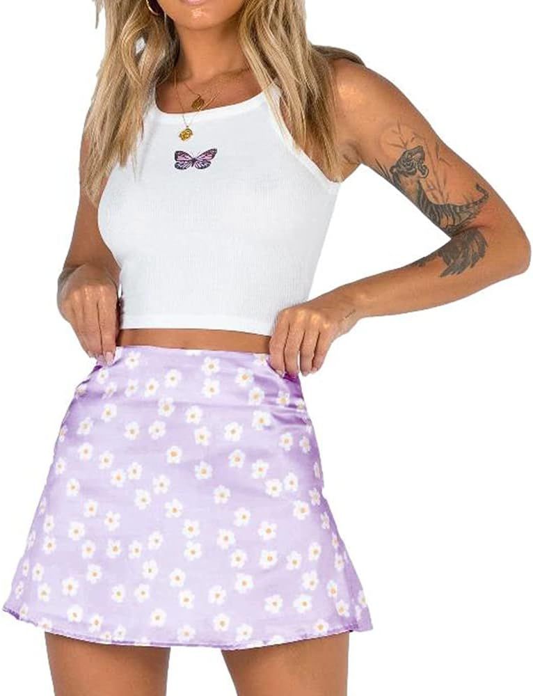 EDSTAR Women's Casual Floral Print Satin Silk High Waist A-Line Mini Short Skirt | Amazon (US)