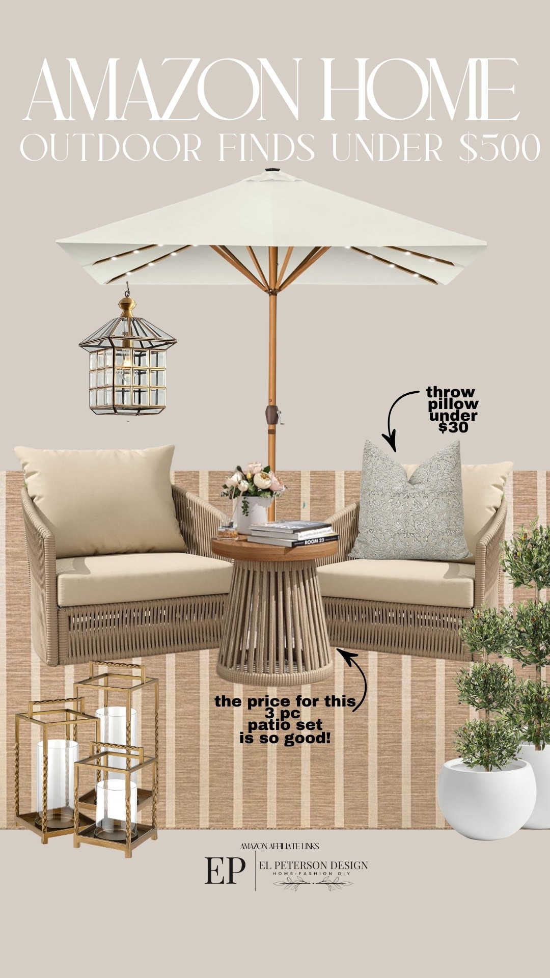 Amazon Outdoor
Patio set
Outdoor lighting
Planter
Topiary
Floor lamp
Rug
Umbrella
Pillows 

#LTKHome