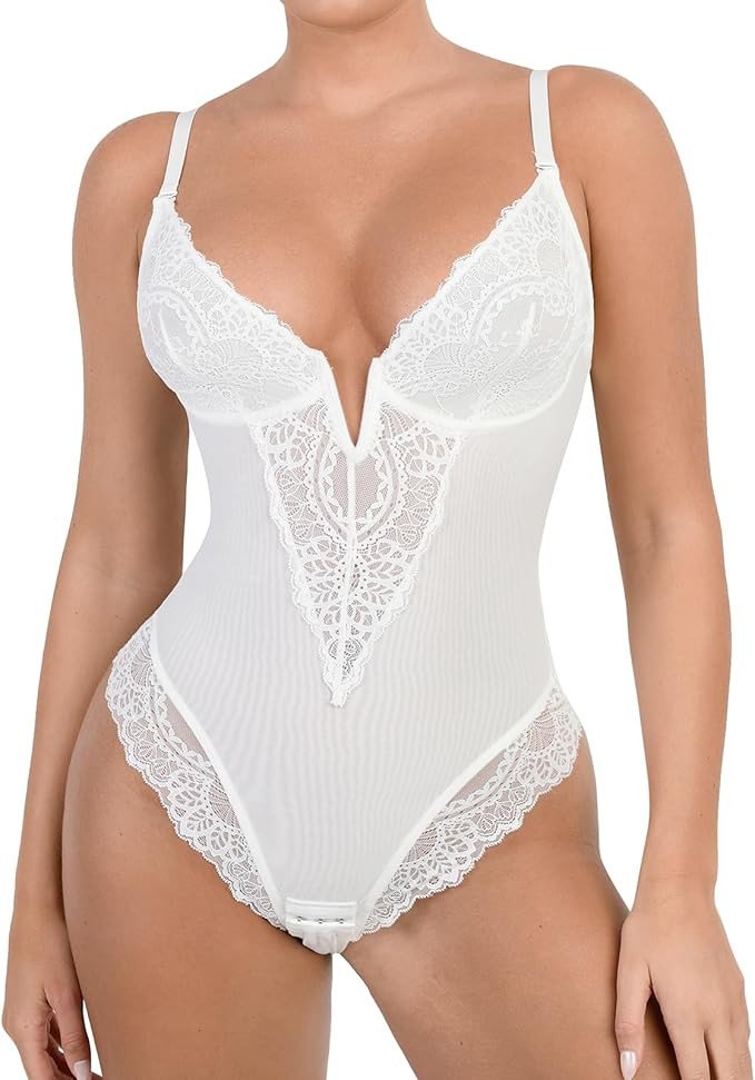 Popilush Lace Shapewear Bodysuit Women V Neck Tummy Control Backless Tank Tops Body Suit Thongs | Amazon (US)